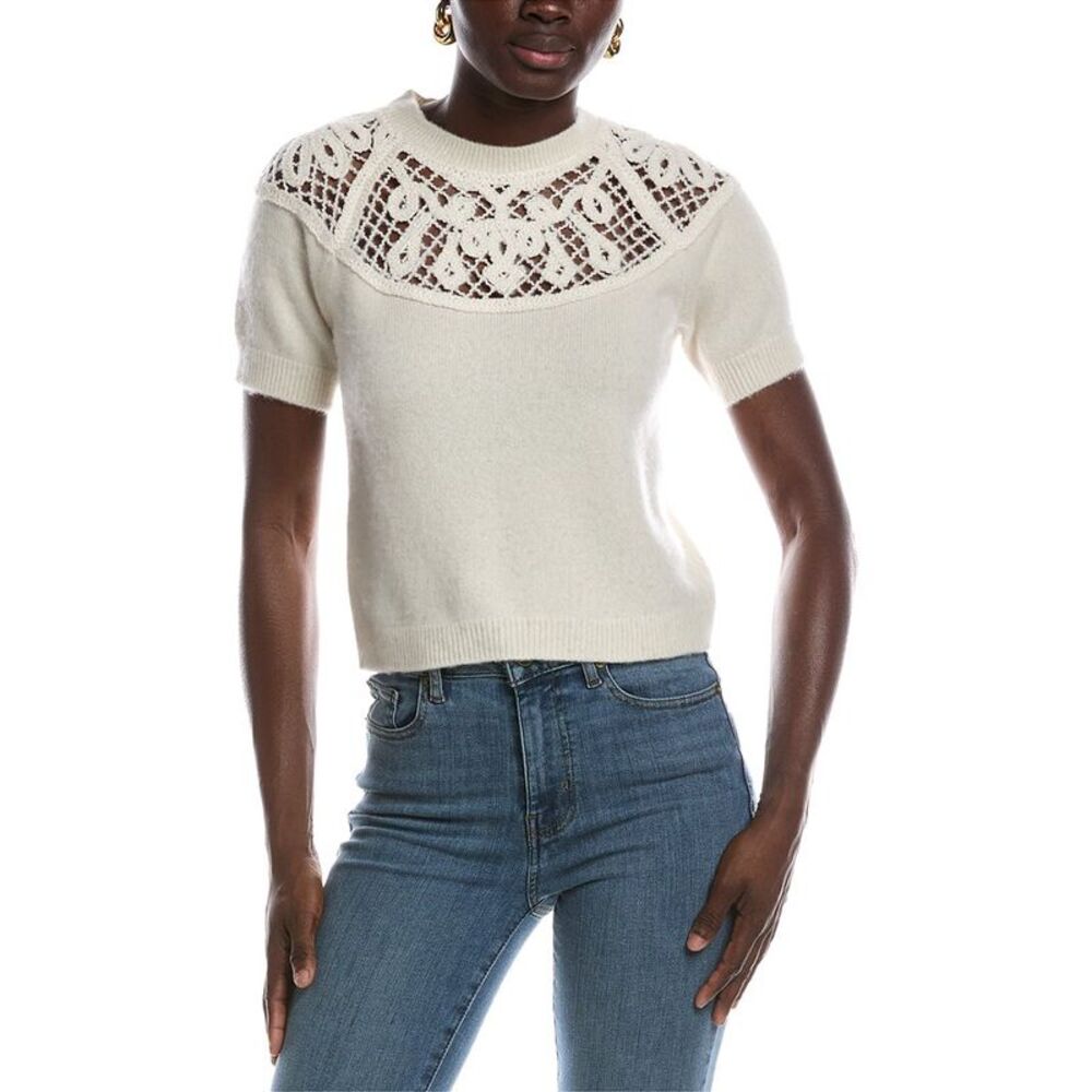 Frame Denim Womens Frame The Lace Gathered Cashmere & Wool Sweater, White